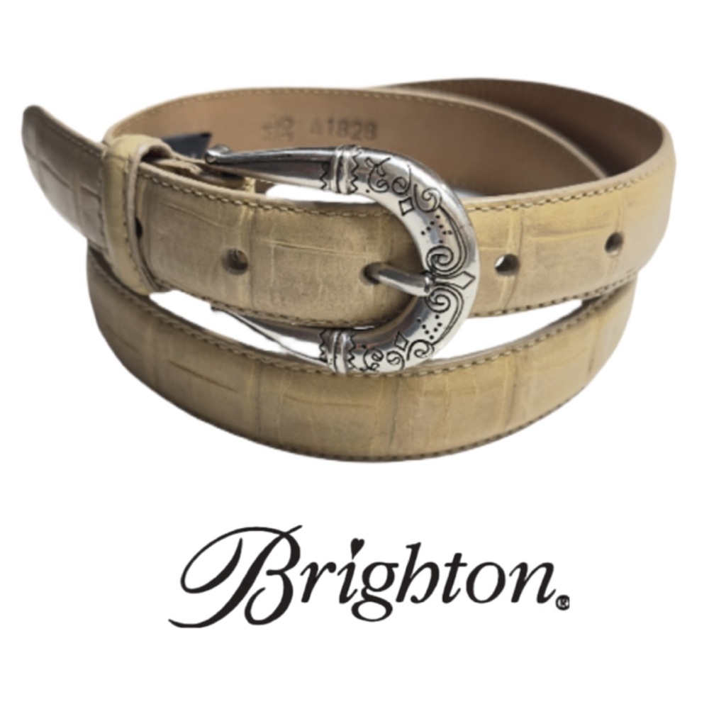 BRIGHTON | Silver Plated Buckle Tan Gold Croc Embossed Leather Belt Made In USA